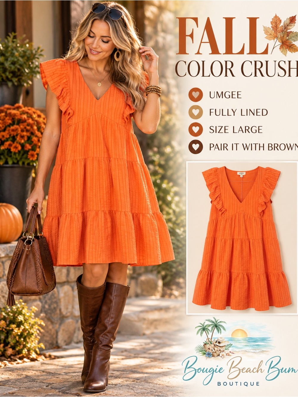 Umgee Orange Ruffle Tiered V-Neck Dress